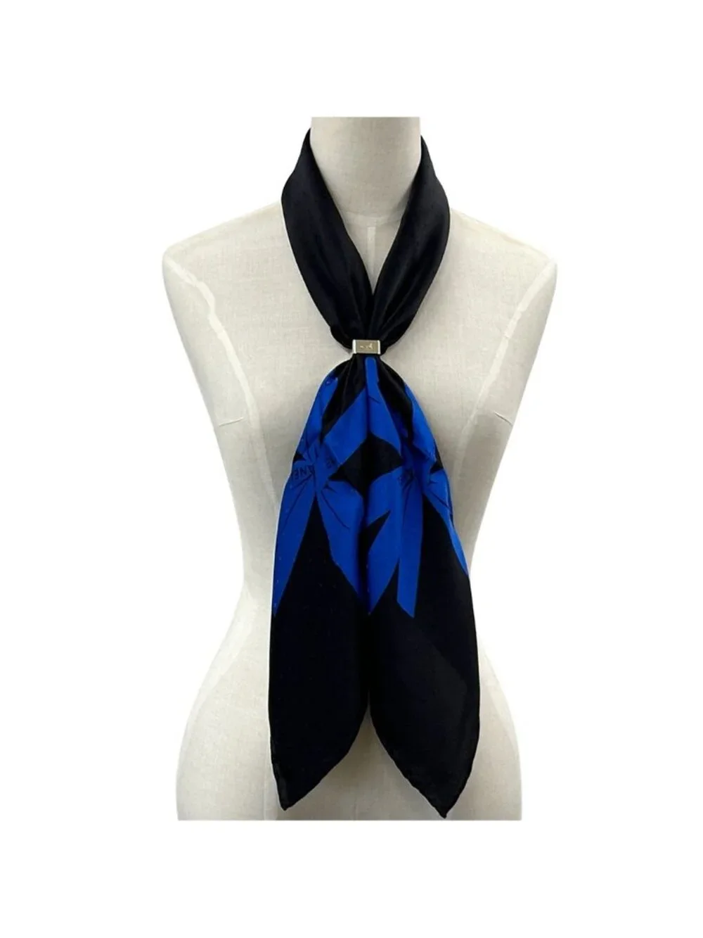 Chanel Scarf Silk Black Blue Ribbon Dot Logo Large